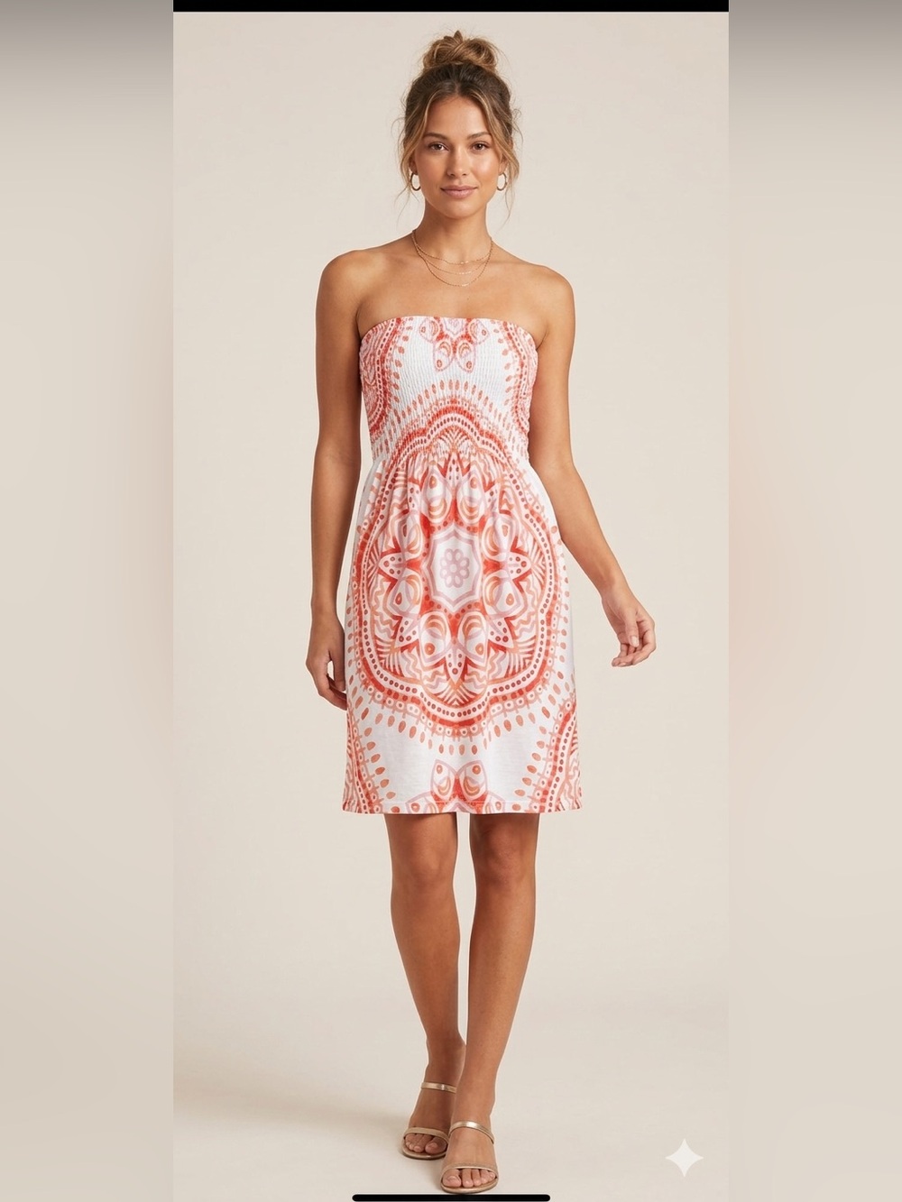 Venus Strapless Smocked Mandala Print Mini Dress Red White XS Boho Sun Dress